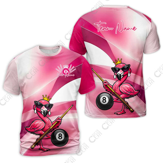 Customized 8 Ball Pool T-Shirt, Pink Flamingo Billiards 8-Ball, Personalized Billiards Jersey