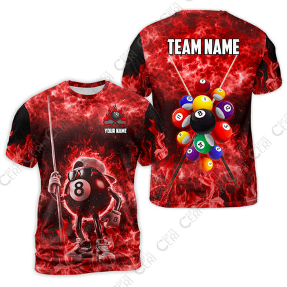 Customized 8 Ball Pool T-Shirt, 8-Ball Wearing Cap And Sunglasses Flaming Burn, Billiard Jerseys