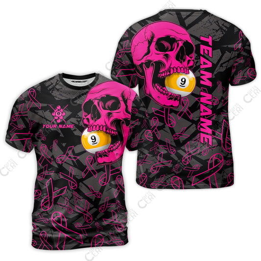 Customized 9 Ball Pool T-Shirt, Billiard Pink Skull 9-Ball, Personalized Billiards Jersey