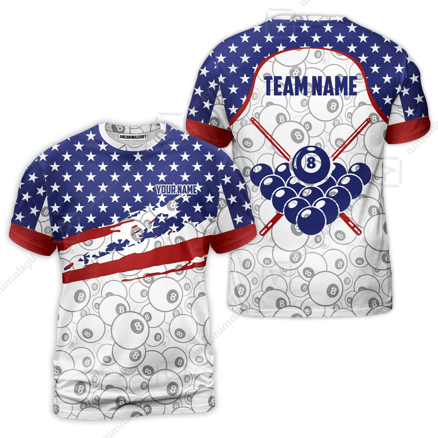 Customized 8 Ball Pool T-Shirt, American Star Flag Billiard 8-Ball, Personalized Billiards Jersey