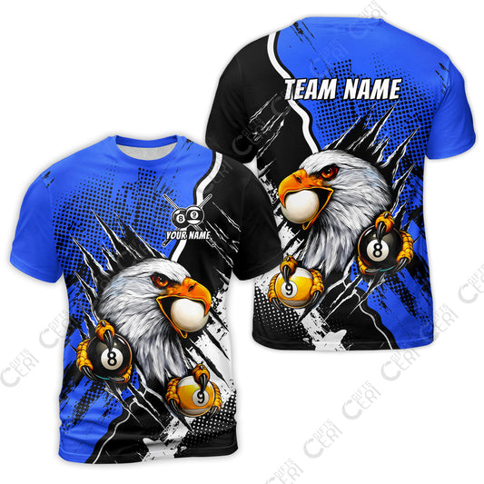 Customized Billiards T-Shirt, 8 & 9 Ball Billiard Eagle Comic Dot Halftone Background Color, Billiards Jerseys