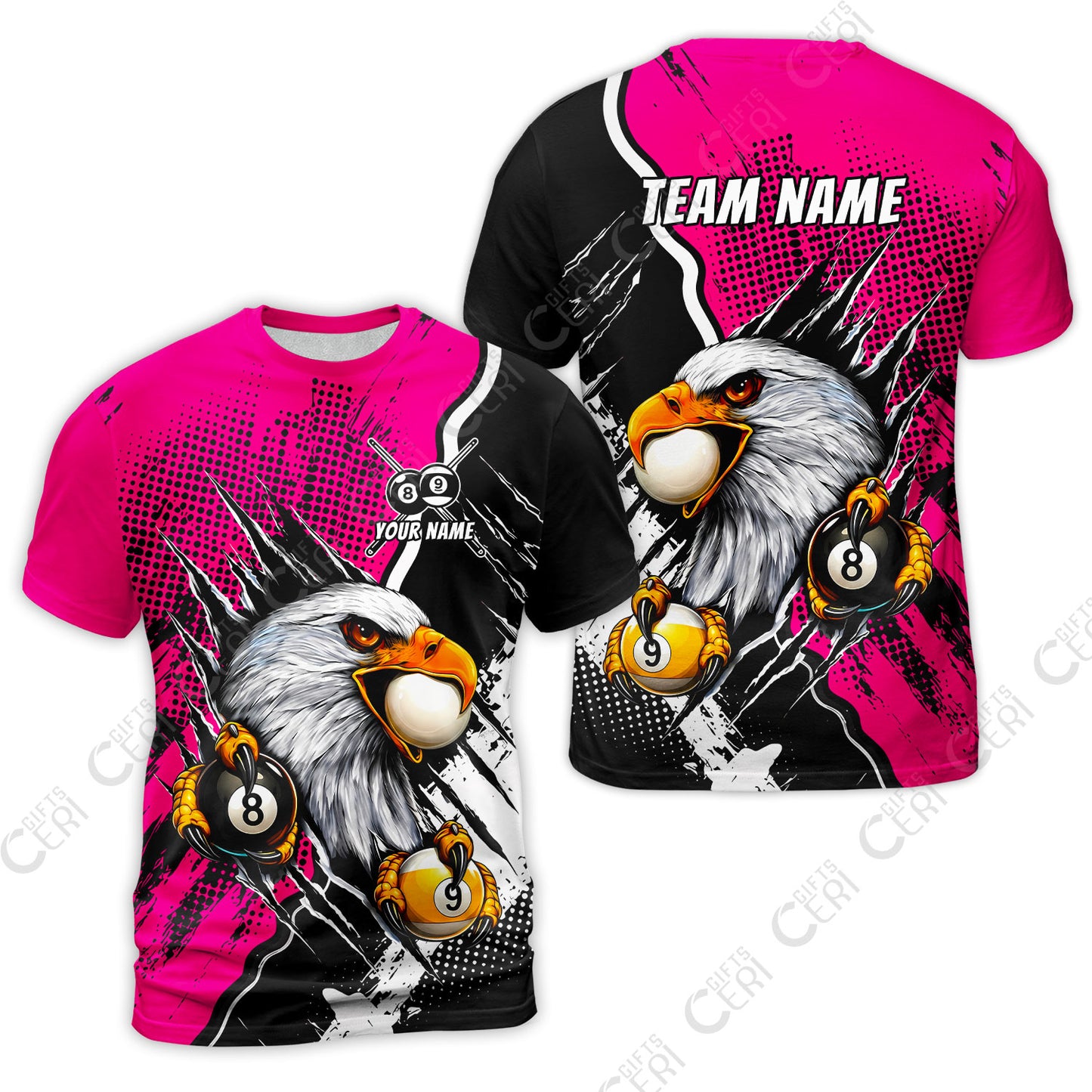 Customized Billiards T-Shirt, 8 & 9 Ball Billiard Eagle Comic Dot Halftone Background Color, Billiards Jerseys