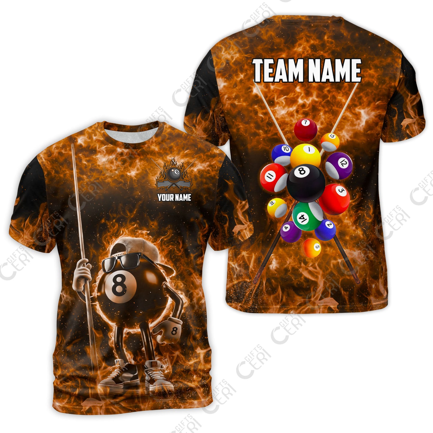 Customized 8 Ball Pool T-Shirt, 8-Ball Wearing Cap And Sunglasses Flaming Burn, Billiard Jerseys