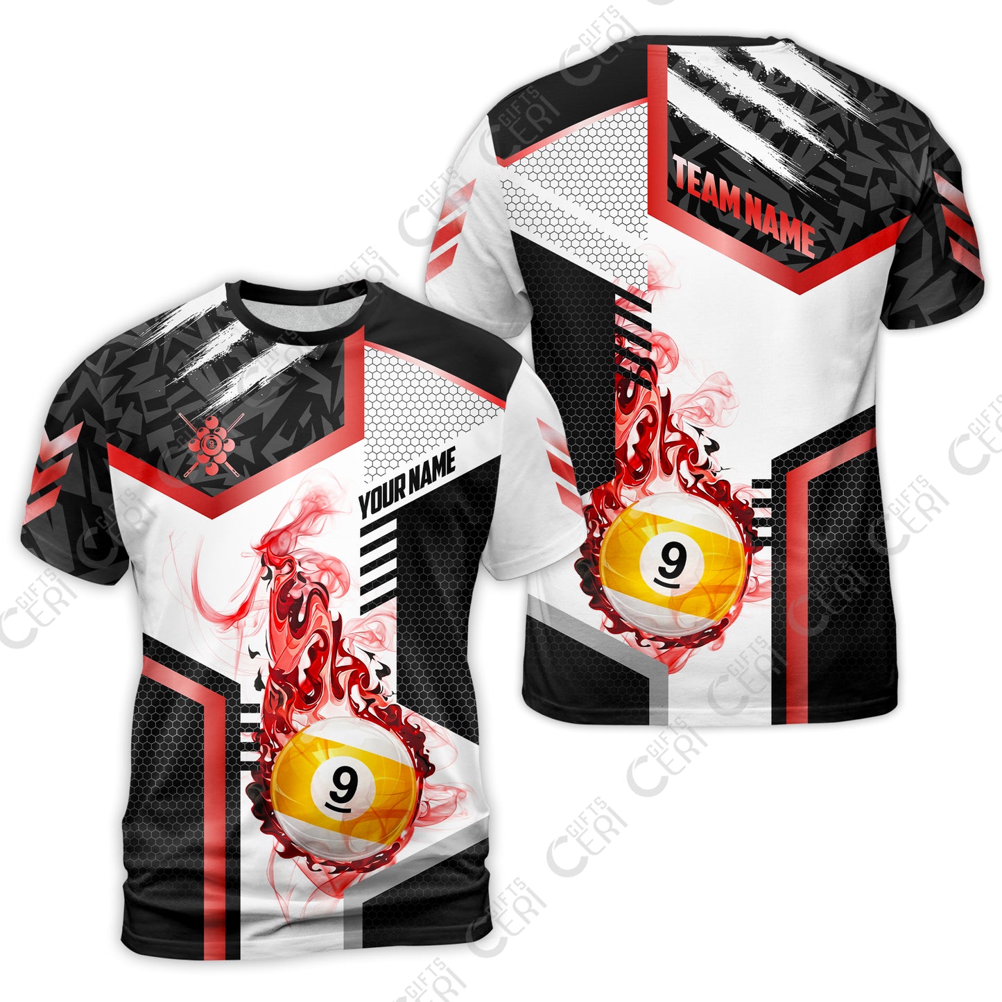 Customized 9 Ball Pool T-Shirt, Flaming 9-Ball Graphic, Billiards Jersey