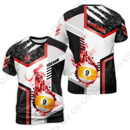 Customized 9 Ball Pool T-Shirt, Flaming 9-Ball Graphic, Billiards Jersey