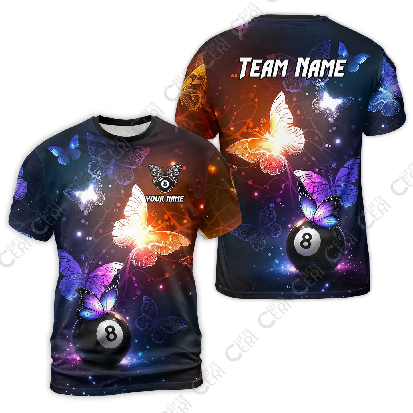 Customized 8 Ball Pool T-Shirt, Billiard Butterfly Sparkle 8-Ball, Personalized Billiards Jersey