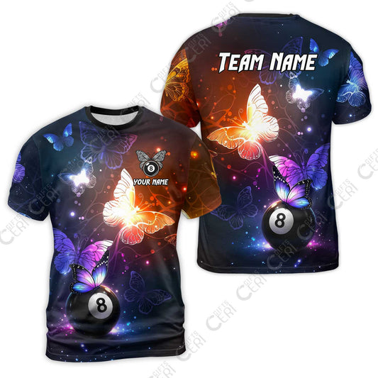 Customized 8 Ball Pool T-Shirt, Billiard Butterfly Sparkle 8-Ball, Personalized Billiards Jersey