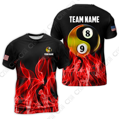 Customized Billiard T-Shirt, Billiard 8-Ball And 9-Ball Yin-Yang Flame, Billiard Jerseys