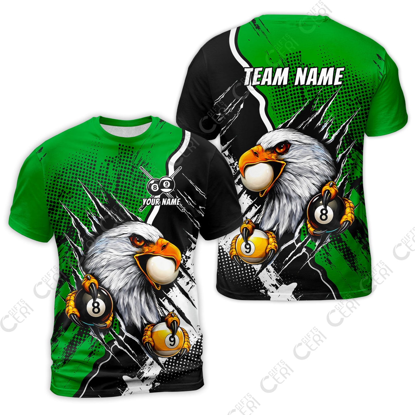 Customized Billiards T-Shirt, 8 & 9 Ball Billiard Eagle Comic Dot Halftone Background Color, Billiards Jerseys