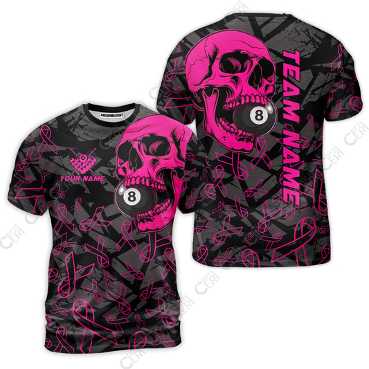 Customized 8 Ball Pool T-Shirt, Billiard Pink Skull, Personalized Billiards Jersey
