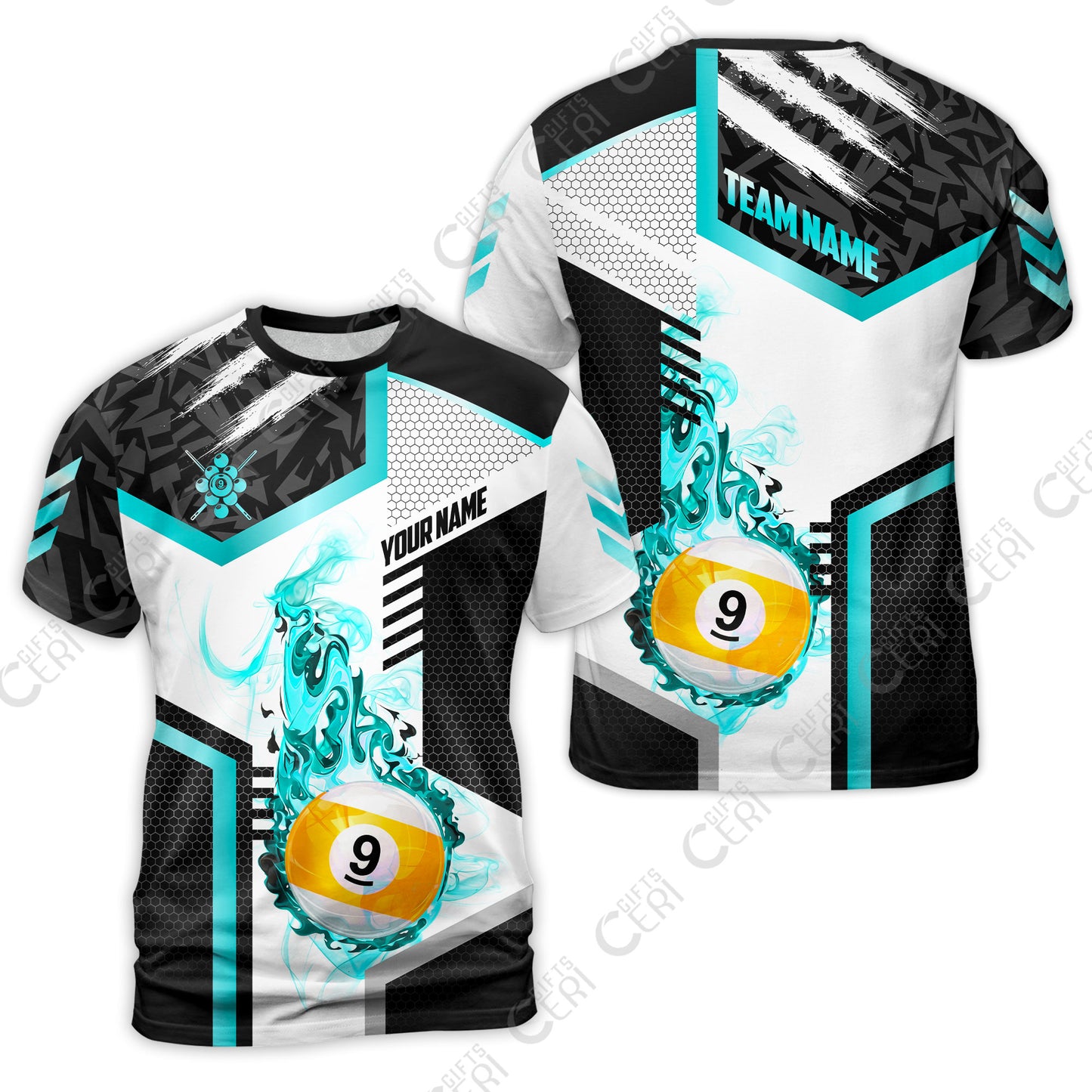 Customized 9 Ball Pool T-Shirt, Flaming 9-Ball Graphic, Billiards Jersey