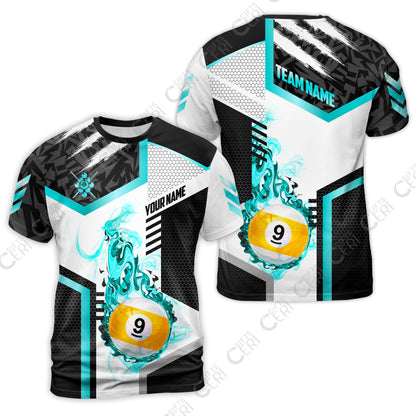 Customized 9 Ball Pool T-Shirt, Flaming 9-Ball Graphic, Billiards Jersey