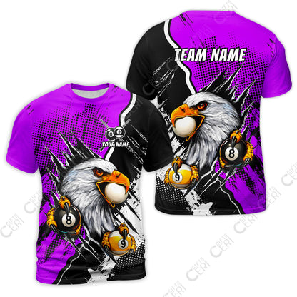 Customized Billiards T-Shirt, 8 & 9 Ball Billiard Eagle Comic Dot Halftone Background Color, Billiards Jerseys