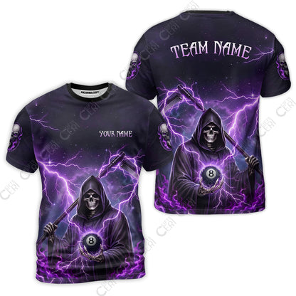 Customized 8 Ball Pool T-Shirt, Lightning And Flame Grim Reaper With 8 Ball, Personalized Billiards Jersey