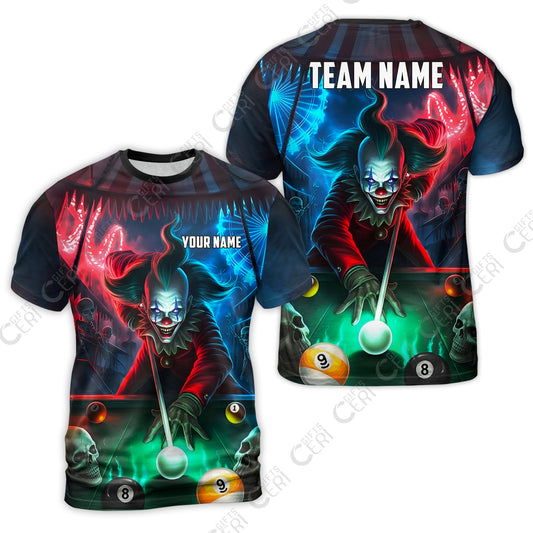 Customized Billiards T-Shirt, 8 & 9 Ball Pool Nightmare Billiards Clown Jersey, Billiards Jerseys