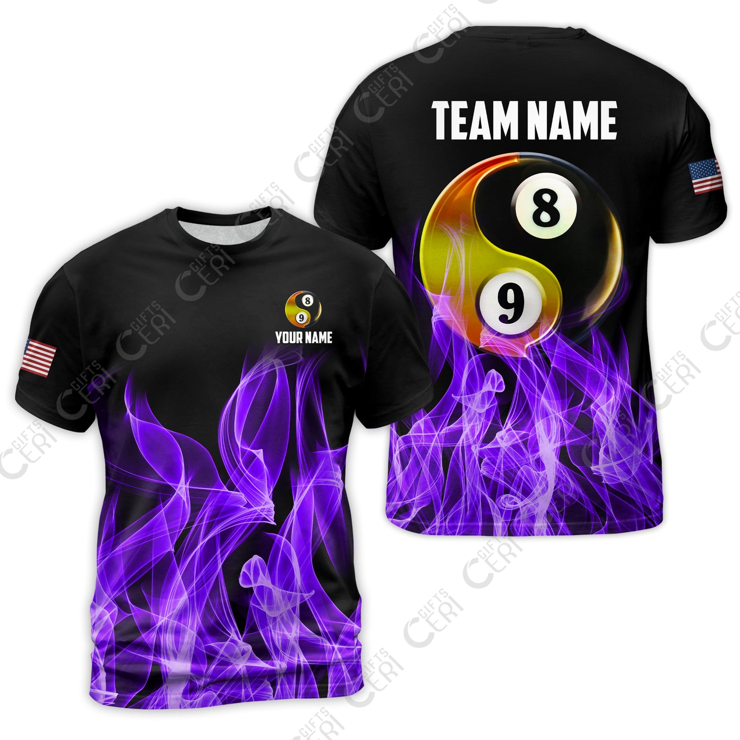 Customized Billiard T-Shirt, Billiard 8-Ball And 9-Ball Yin-Yang Flame, Billiard Jerseys