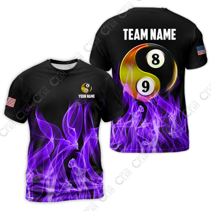 Customized Billiard T-Shirt, Billiard 8-Ball And 9-Ball Yin-Yang Flame, Billiard Jerseys