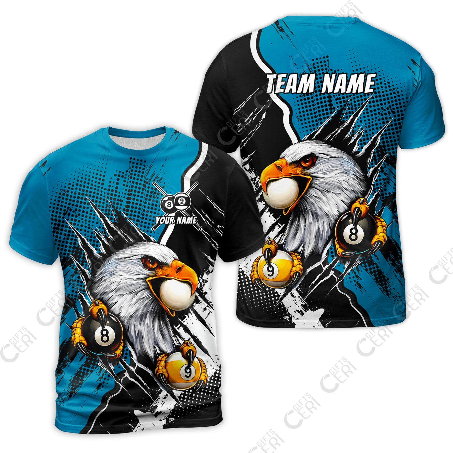 Customized Billiards T-Shirt, 8 & 9 Ball Billiard Eagle Comic Dot Halftone Background Color, Billiards Jerseys