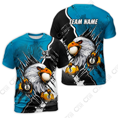 Customized Billiards T-Shirt, 8 & 9 Ball Billiard Eagle Comic Dot Halftone Background Color, Billiards Jerseys