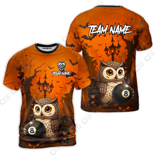 Customized 8 Ball Pool T-Shirt, Halloween Owl Holding 8-Ball, Personalized Billiards Jersey
