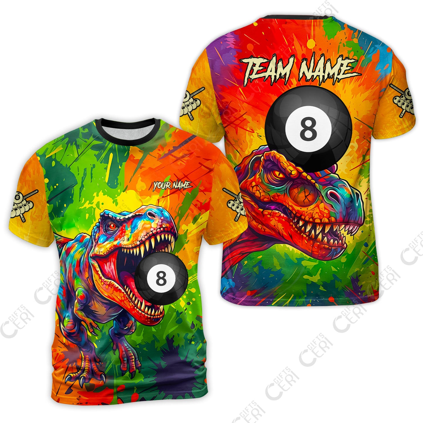 Customized 8 Ball Pool T-Shirt, Dinosaur Colorful Splash Paint Billiard 8-Ball, Personalized Billiards Jersey