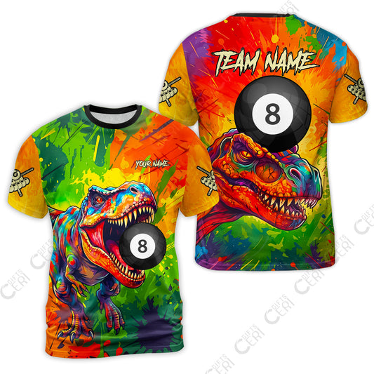 Customized 8 Ball Pool T-Shirt, Dinosaur Colorful Splash Paint Billiard 8-Ball, Personalized Billiards Jersey