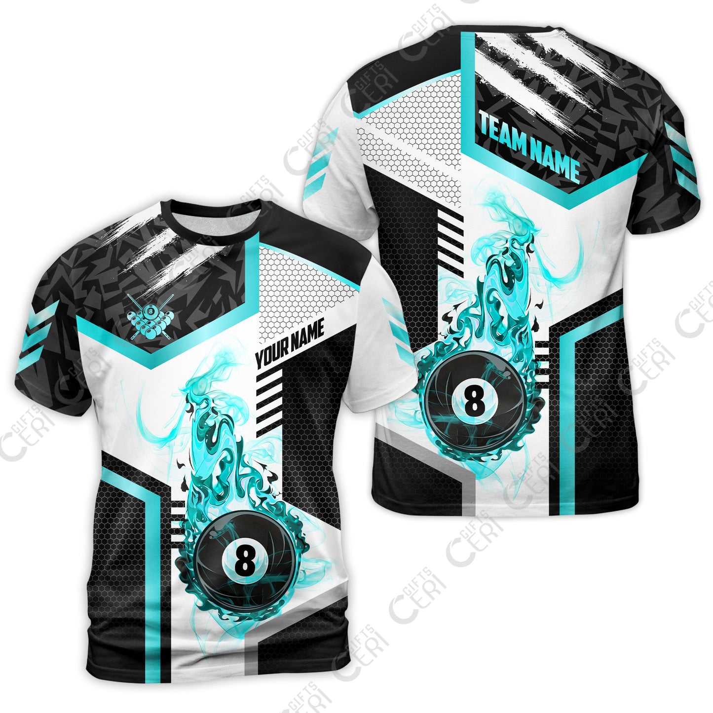 Customized Billiards T-Shirt, Flaming 8-Ball Graphic, 8 Ball Pool Jersey
