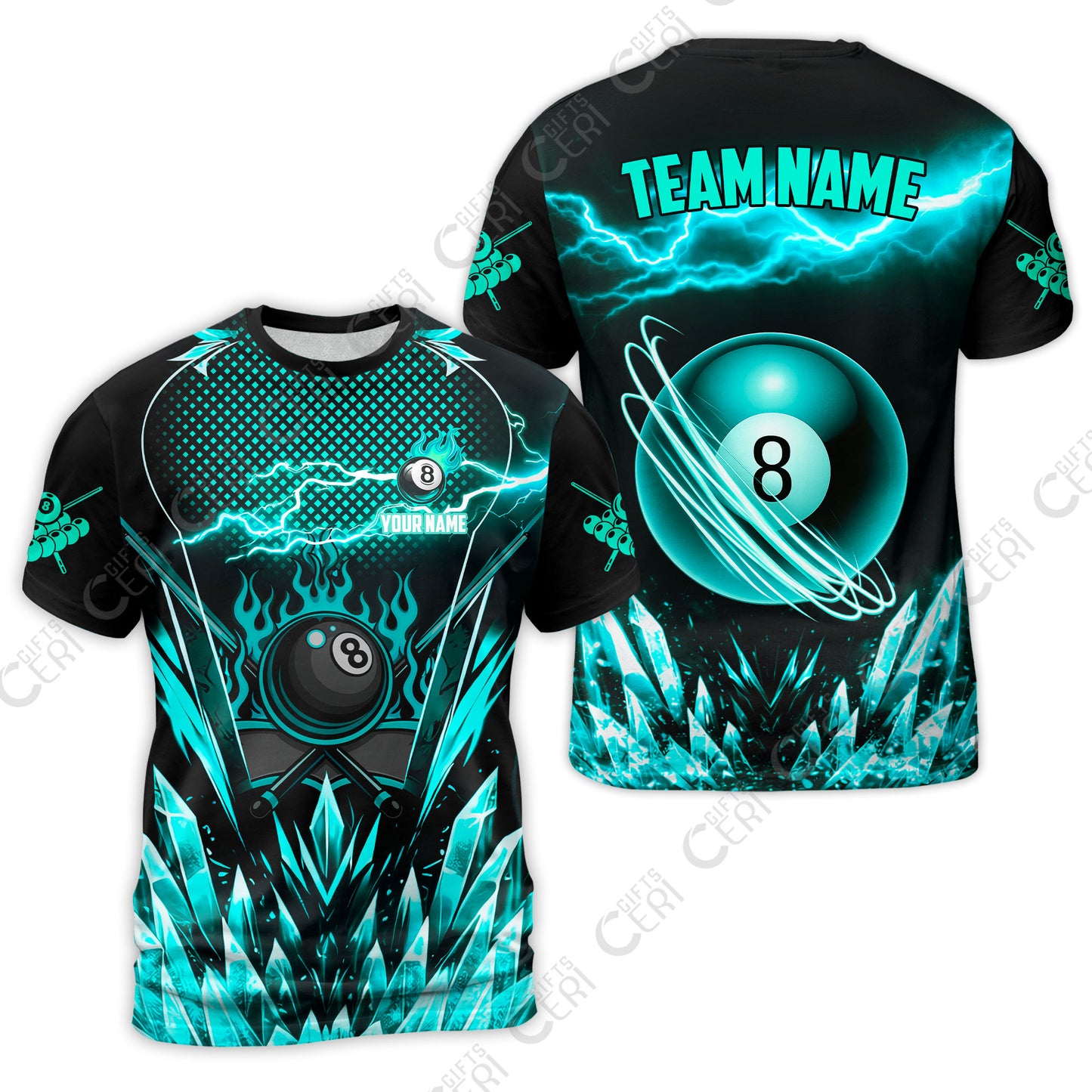 Customized 8 Ball Pool T-Shirt, Electric Lightning Crystal, Billiards Jerseys
