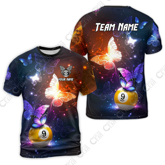 Customized 9 Ball Pool T-Shirt, Brush Paint Billiard Butterfly Sparkle 9-Ball, Personalized Billiards Jersey