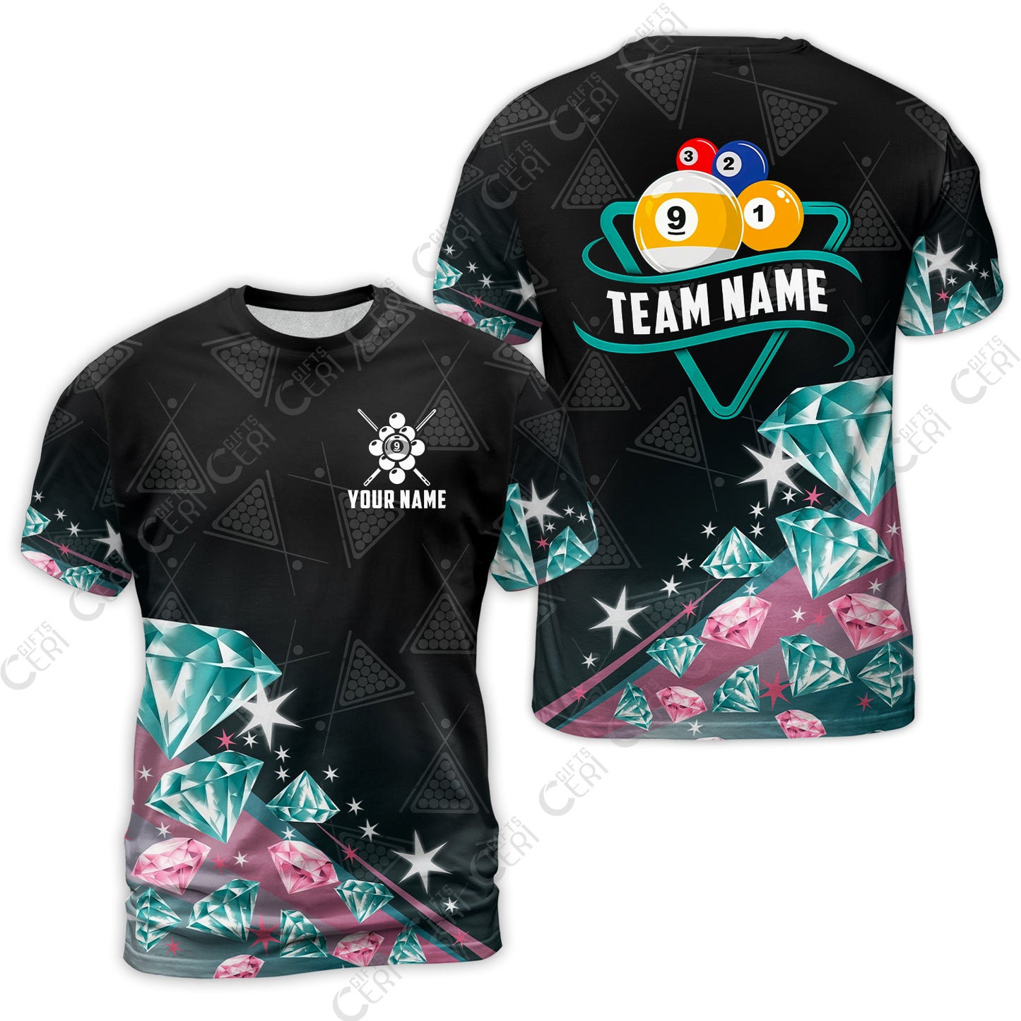 Customized 9 Ball Pool T-Shirt, Diamonds Billiard 9-Ball, Personalized Billiards Jersey