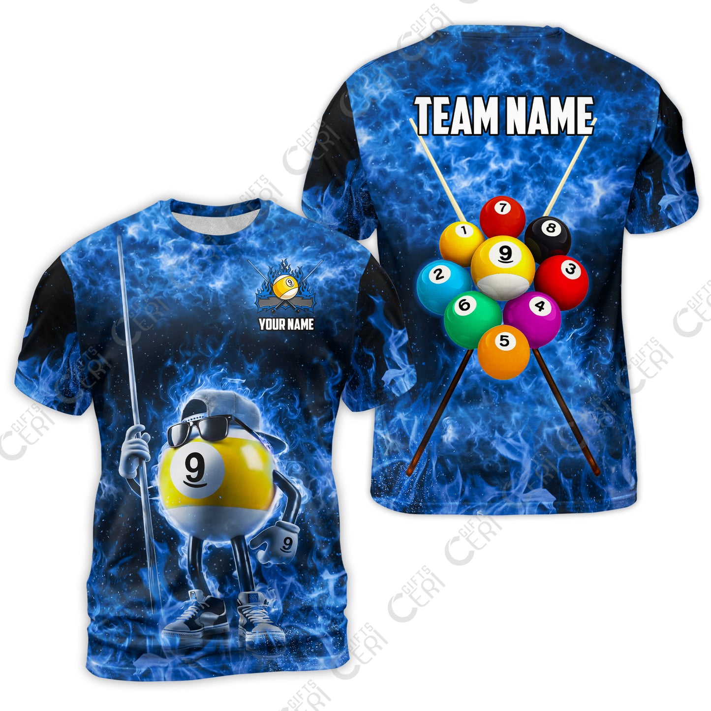 Customized 9 Ball Pool T-Shirt, 9-Ball Wearing Cap And Sunglasses Flaming Burn, Billiard Jerseys