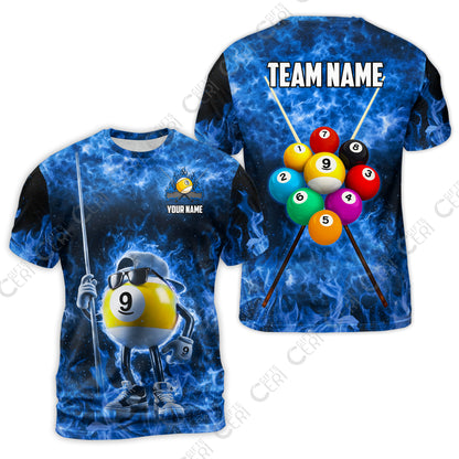 Customized 9 Ball Pool T-Shirt, 9-Ball Wearing Cap And Sunglasses Flaming Burn, Billiard Jerseys