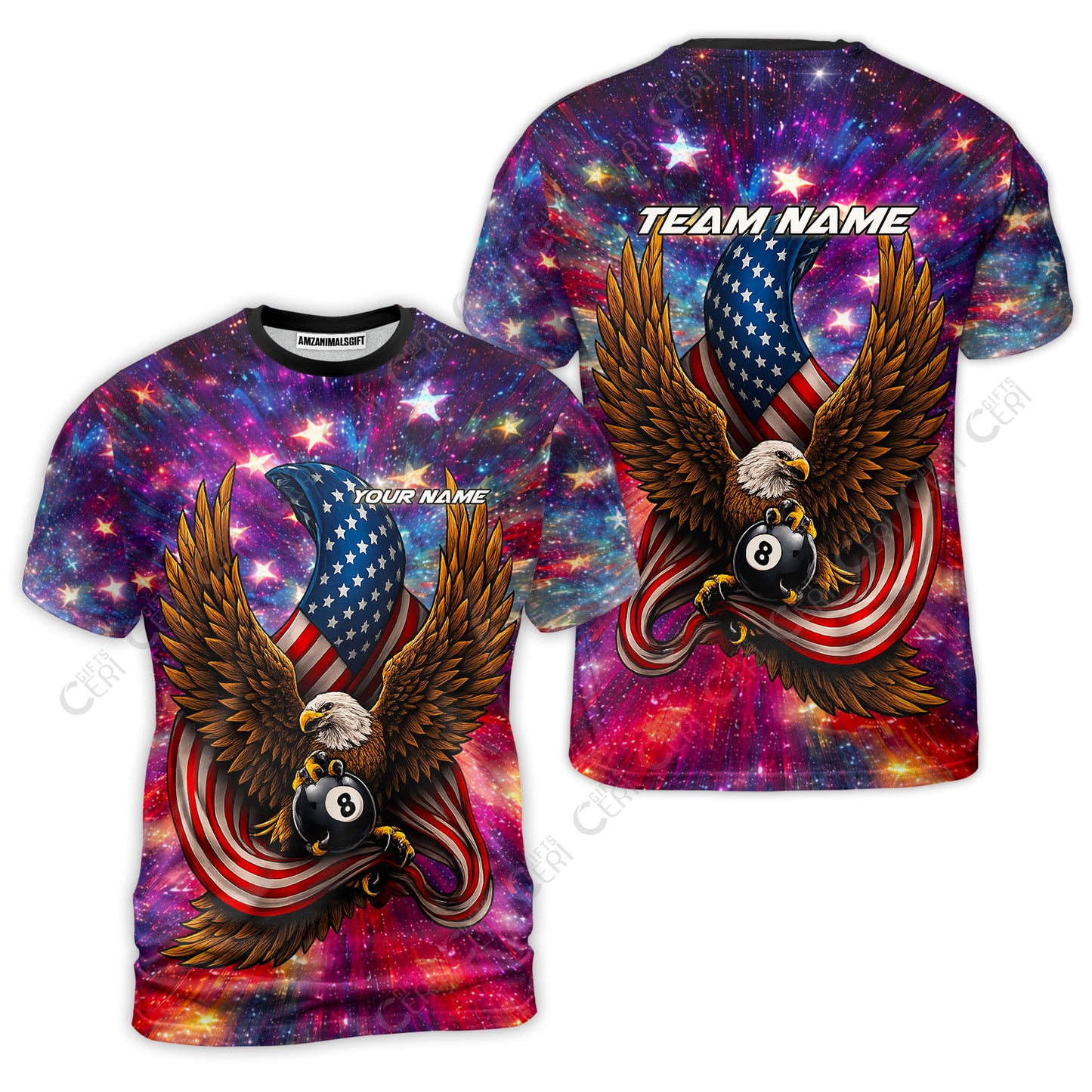 Customized 8 Ball Pool T-Shirt, Billiard American Flag Galactic Eagle, Billiards Jerseys