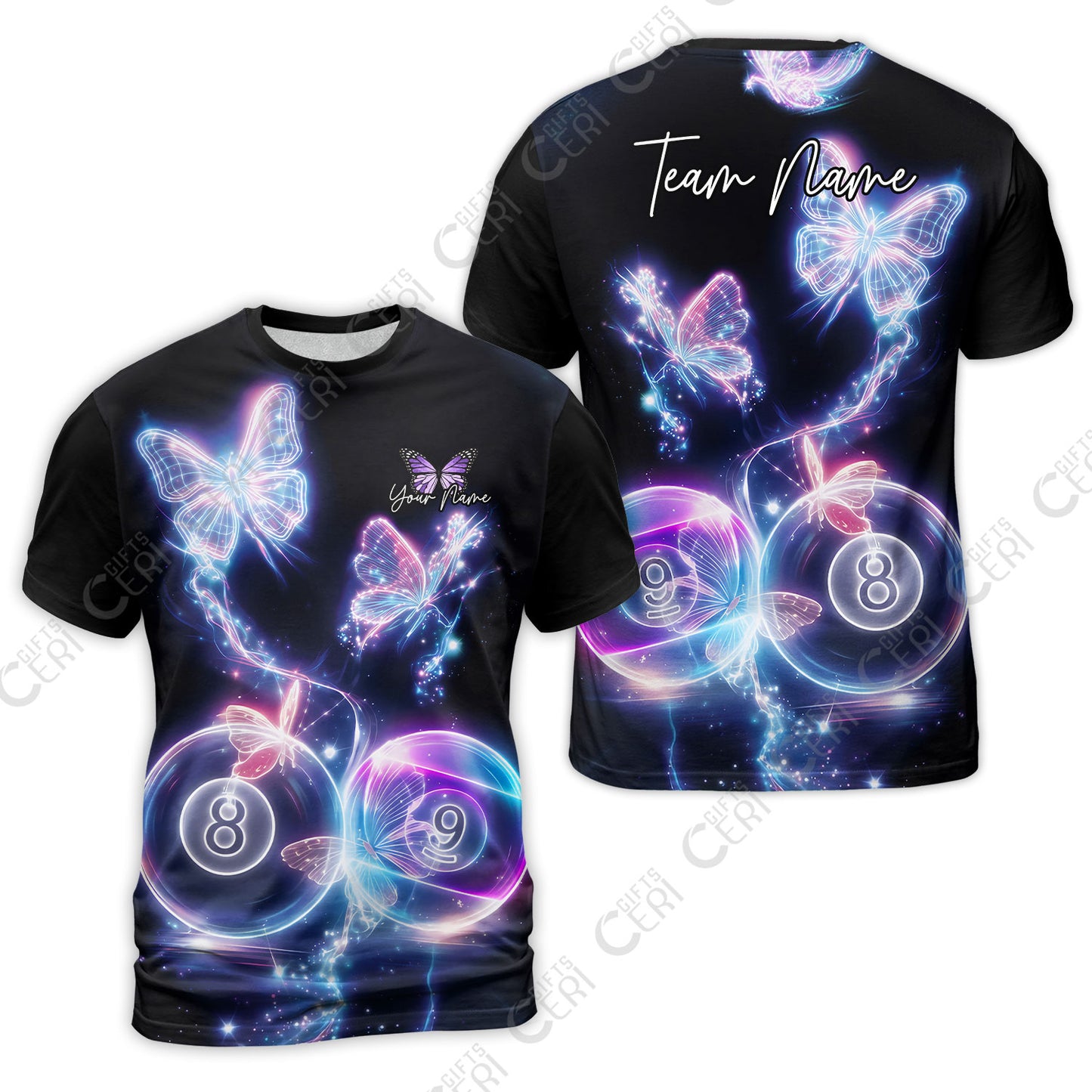 Customized Billiards T-Shirt, 8 & 9 Ball Neon Butterfly Galaxy Jersey, Billiards Jerseys