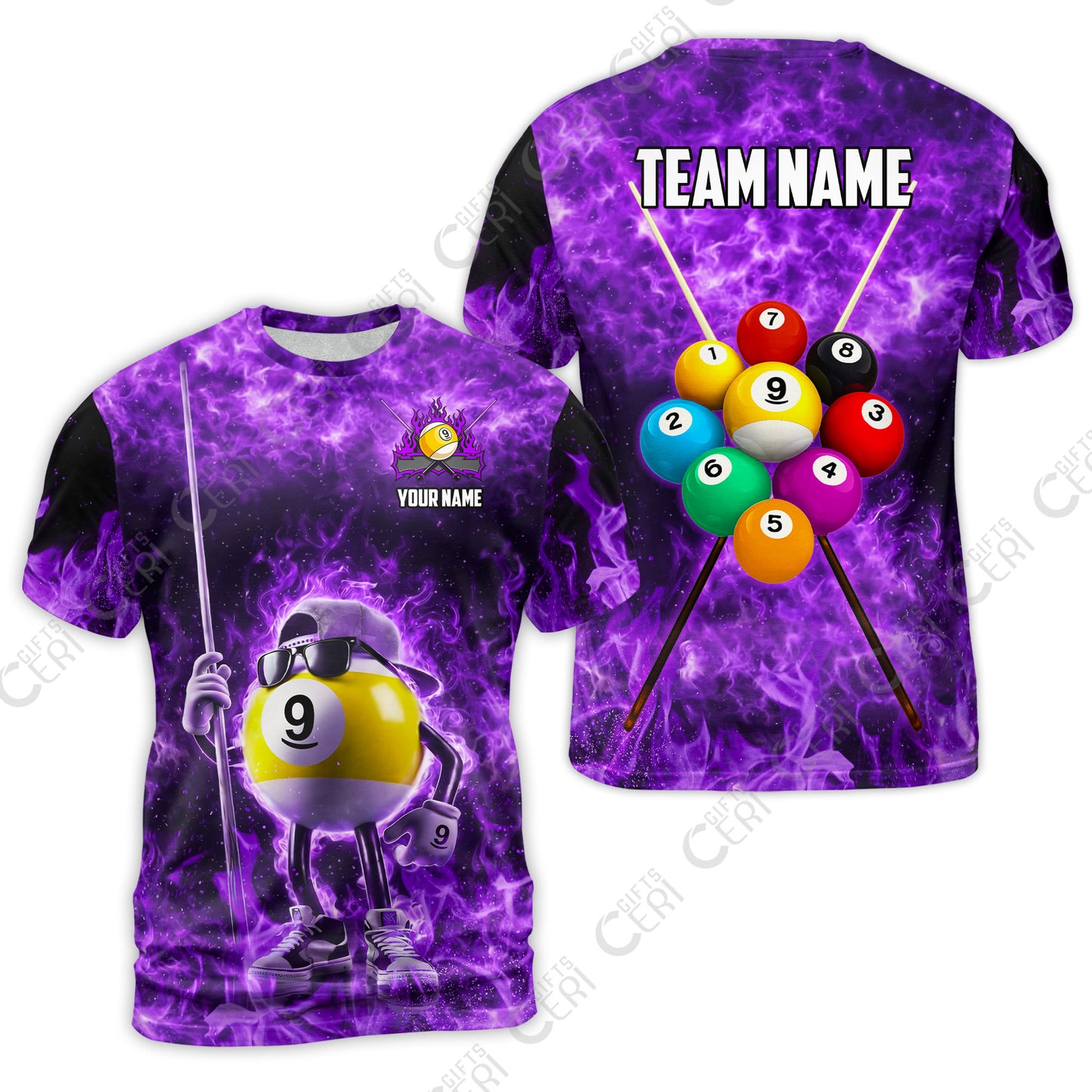 Customized 9 Ball Pool T-Shirt, 9-Ball Wearing Cap And Sunglasses Flaming Burn, Billiard Jerseys