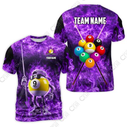 Customized 9 Ball Pool T-Shirt, 9-Ball Wearing Cap And Sunglasses Flaming Burn, Billiard Jerseys