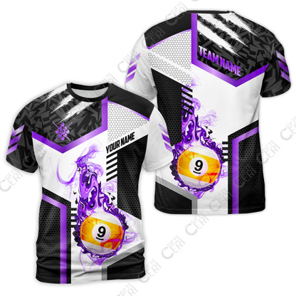 Customized 9 Ball Pool T-Shirt, Flaming 9-Ball Graphic, Billiards Jersey