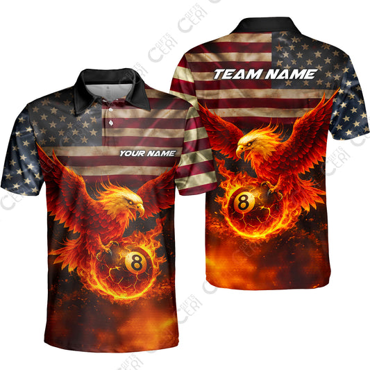 Customized 8 Ball Pool Unisex Polo Shirt, Billiards 8-Ball American Flag Fire Eagle, Billiards Jerseys