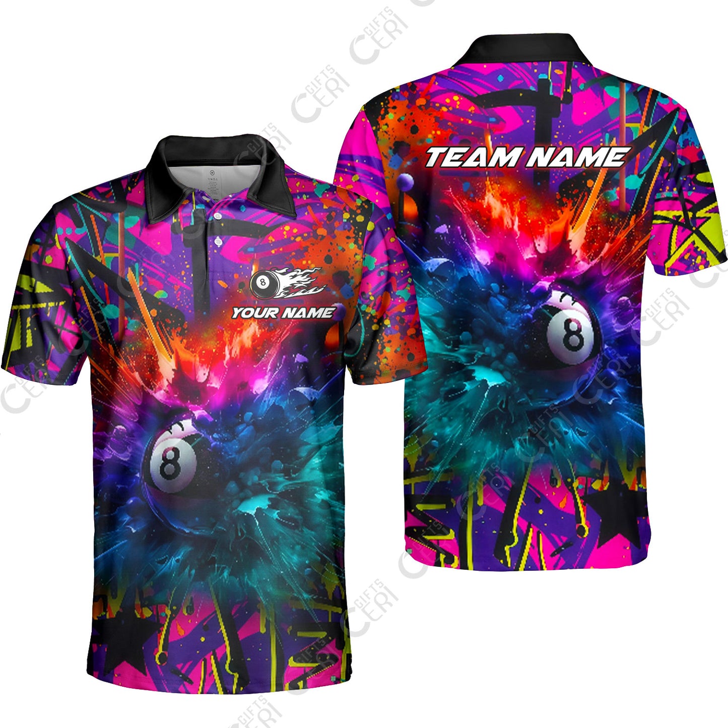 Customized Billiards Unisex Polo Shirt, Personalized Neon Chaos 8 Ball Jersey Gift For Billiard Players