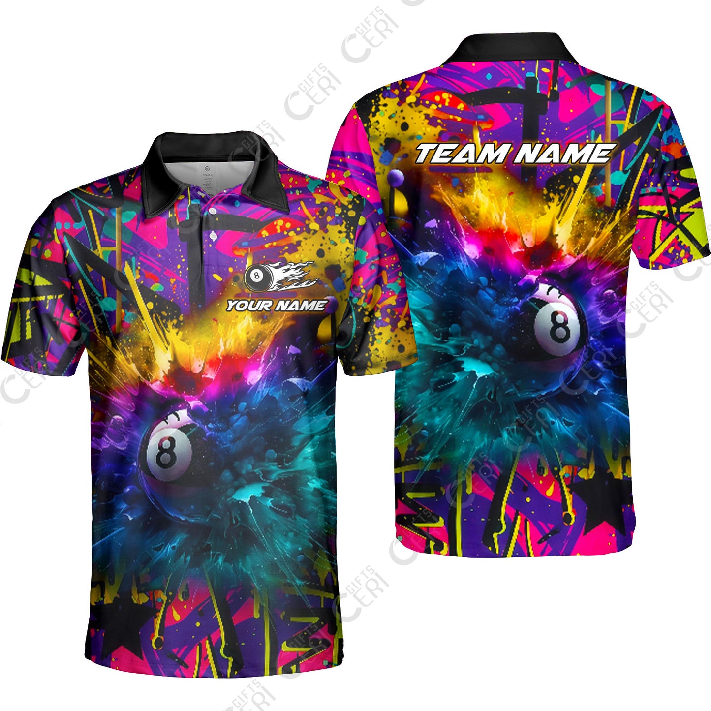 Customized Billiards Unisex Polo Shirt, Personalized Neon Chaos 8 Ball Jersey Gift For Billiard Players