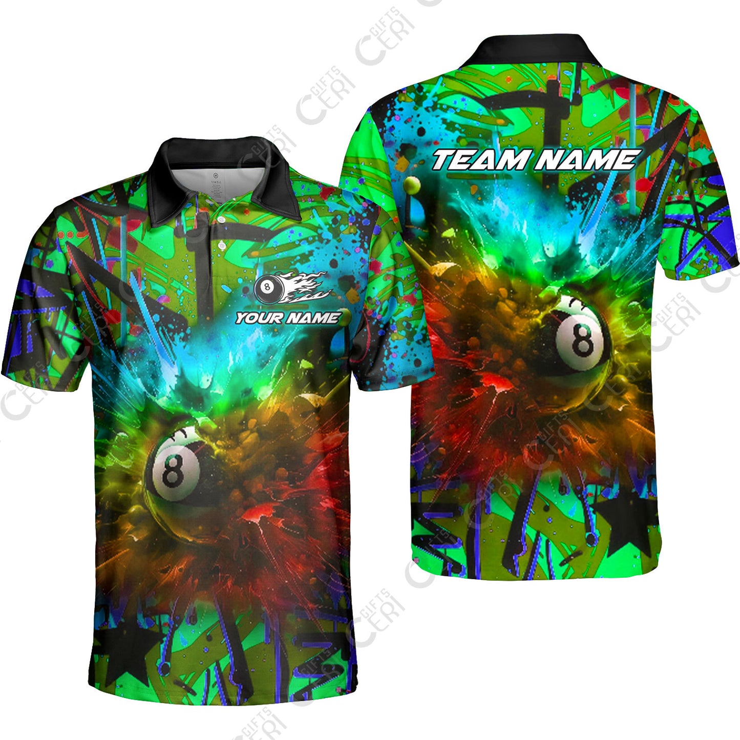 Customized Billiards Unisex Polo Shirt, Personalized Neon Chaos 8 Ball Jersey Gift For Billiard Players