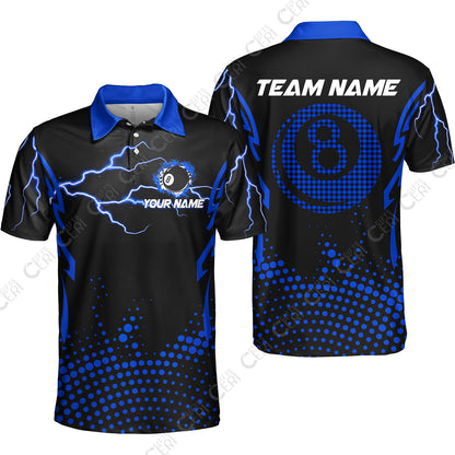 Customized Billiards Unisex Polo Shirt, Lightning Graphics With Dots 8 Ball Pool Jersey