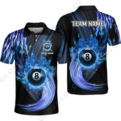 Customized 8 Ball Pool Unisex Polo Shirt, 8-Ball Swirling Fire And Glowing Smoke, Billiards Jerseys