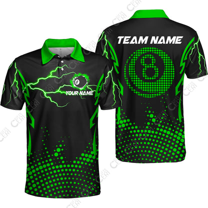 Customized Billiards Unisex Polo Shirt, Lightning Graphics With Dots 8 Ball Pool Jersey