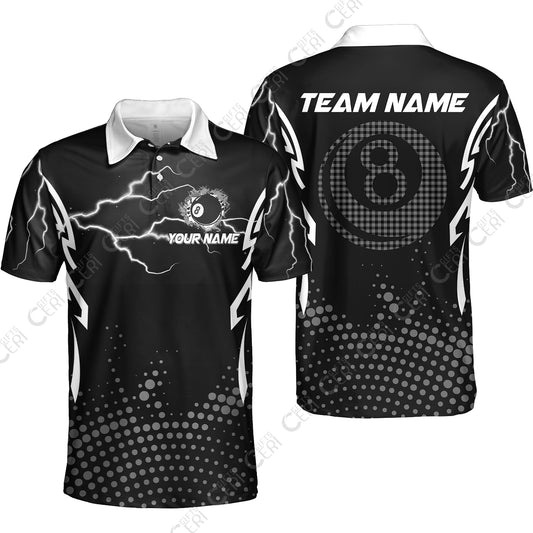 Customized Billiards Unisex Polo Shirt, Lightning Graphics With Dots 8 Ball Pool Jersey