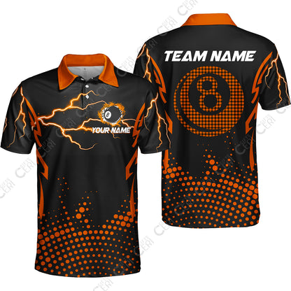 Customized Billiards Unisex Polo Shirt, Lightning Graphics With Dots 8 Ball Pool Jersey