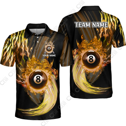Customized 8 Ball Pool Unisex Polo Shirt, 8-Ball Swirling Fire And Glowing Smoke, Billiards Jerseys
