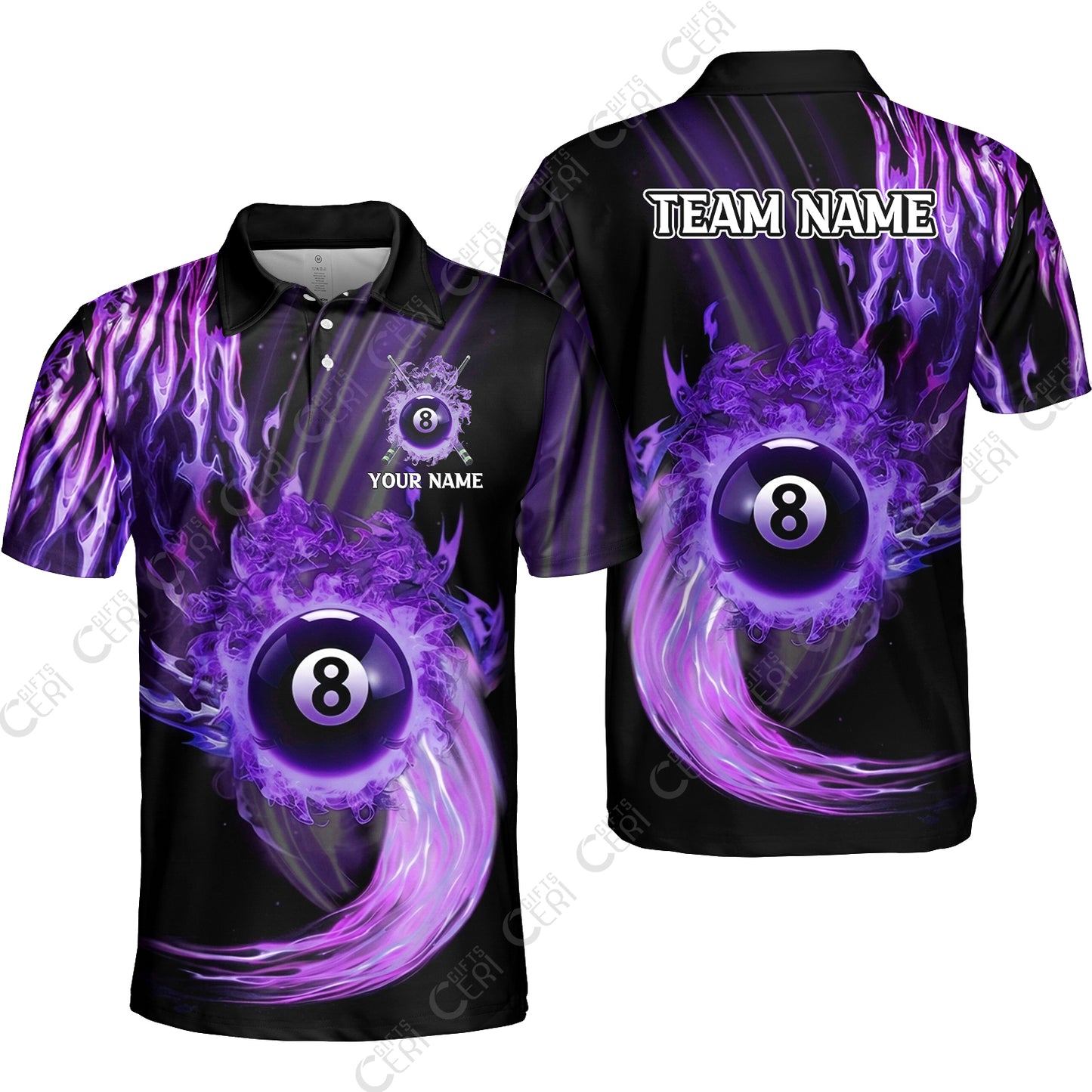 Customized 8 Ball Pool Unisex Polo Shirt, 8-Ball Swirling Fire And Glowing Smoke, Billiards Jerseys