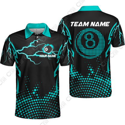 Customized Billiards Unisex Polo Shirt, Lightning Graphics With Dots 8 Ball Pool Jersey