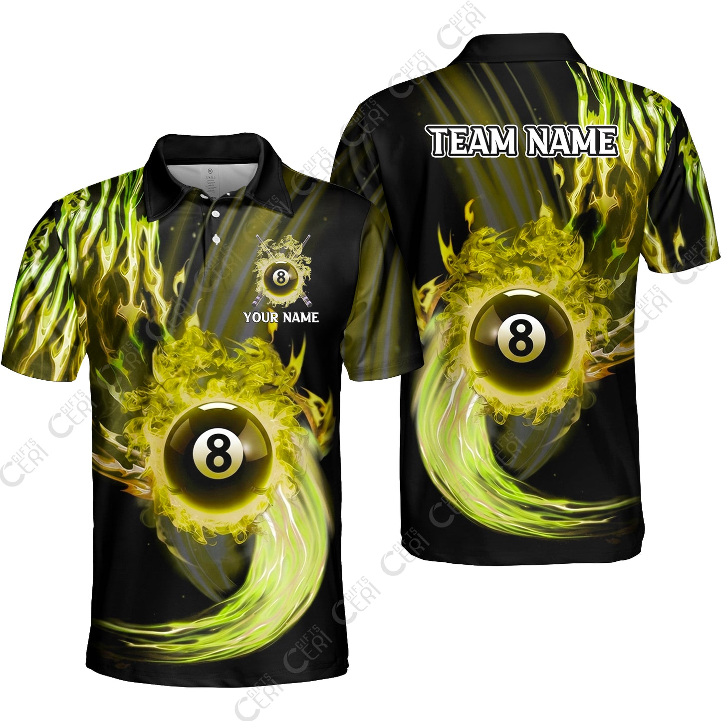 Customized 8 Ball Pool Unisex Polo Shirt, 8-Ball Swirling Fire And Glowing Smoke, Billiards Jerseys